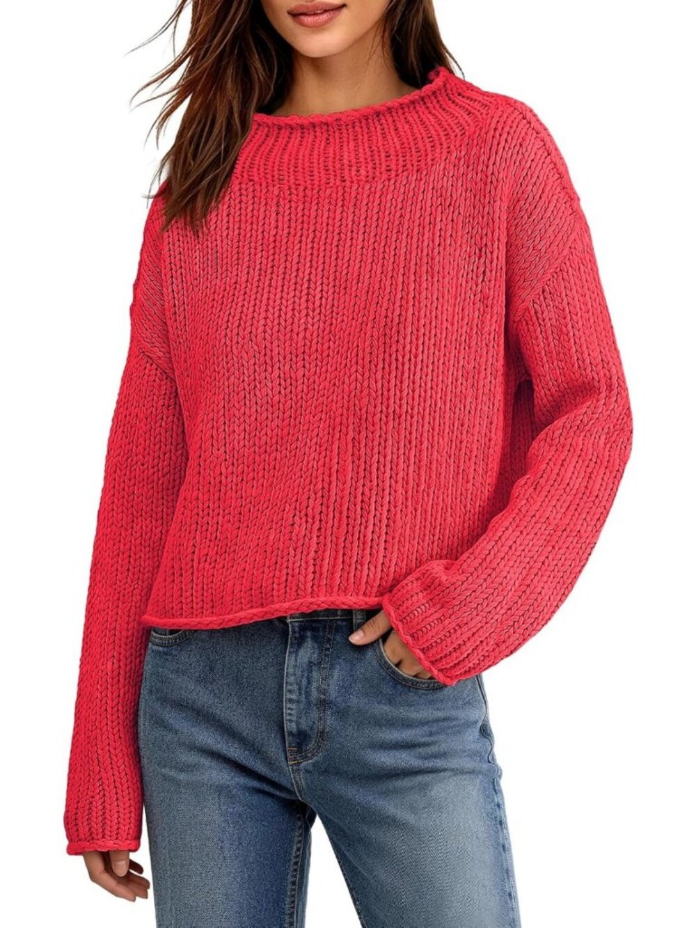Cozy Chunky Knit Mock Neck Cropped Sweater for Women - Perfect Fall Layering Top